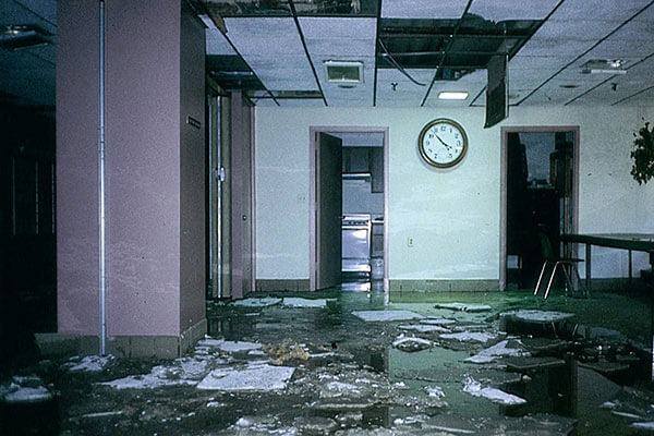 Interior of office damaged by water flooding.
