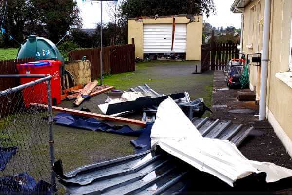 Storm damage at the rear of a bungalow.
