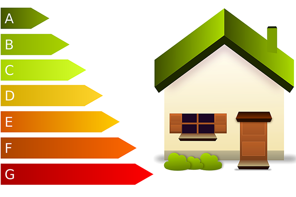Energy rating chart beside a new build house image